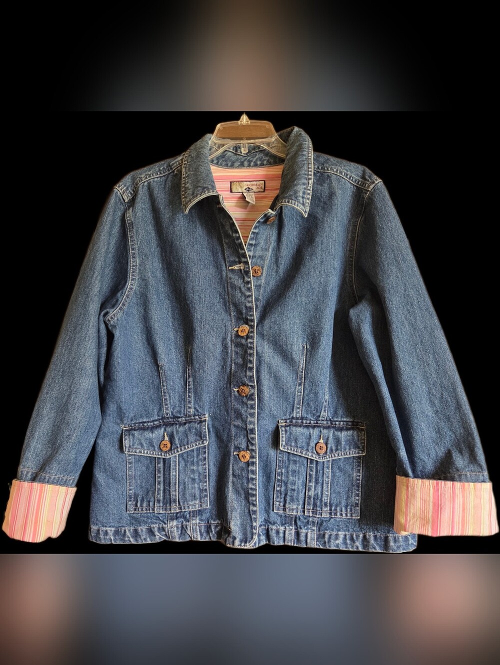 Women's Denim Jean Jacket with Pink Stripe Lining